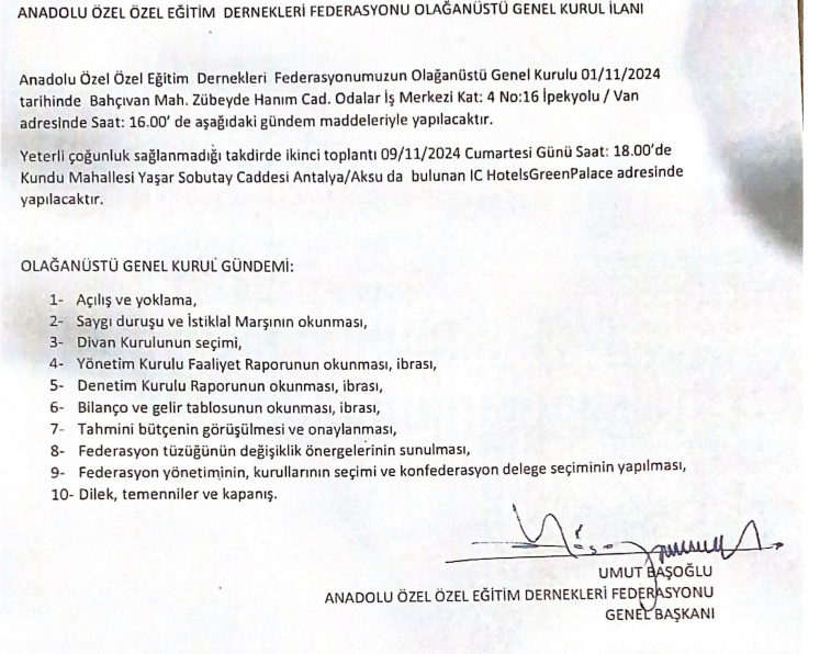 OLAĞANÜSTÜ GENEL KURUL TOPLANTISI 01.11.2024